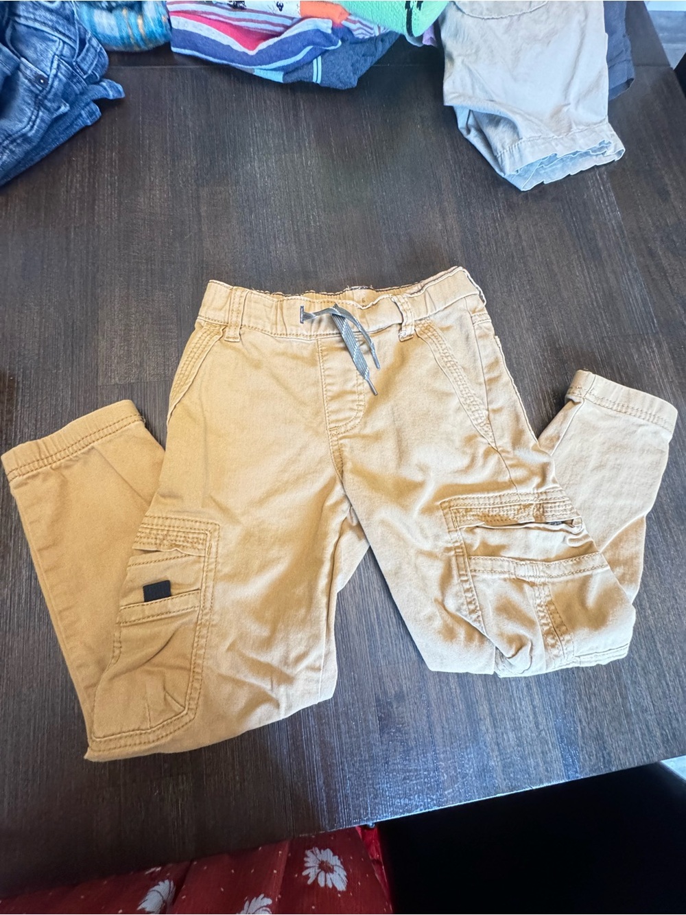 Boys Tan Cargo Pants with Drawstring Waist